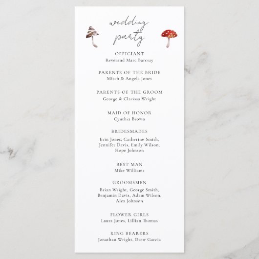 Paddestoel bruiloft ceremonie programma programmakaart (Achterkant)