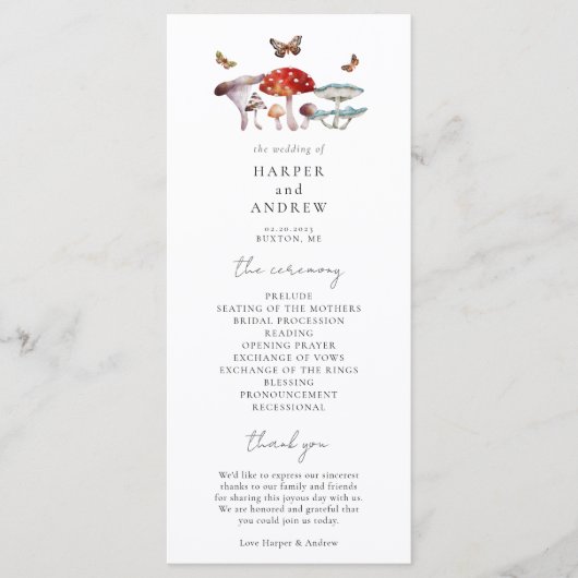 Paddestoel bruiloft ceremonie programma programmakaart (Voorkant)