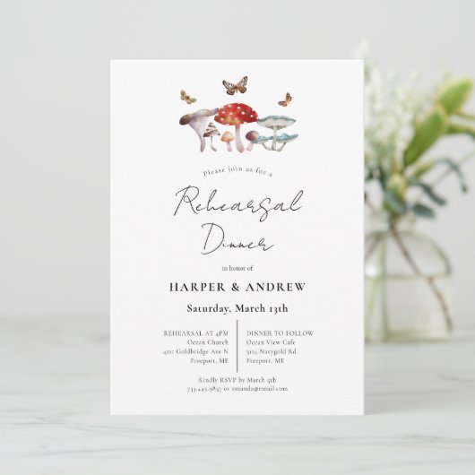 Paddestoel bruiloft repetitie diner kaart (Staand voorkant)