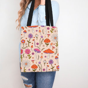 Paddestoel en bloemige kleurrijke Natuur geïnspire Tote Bag