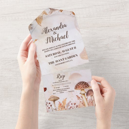 Paddestoel Paddestoel betoverde bos bruiloft All In One Uitnodiging (Afscheurbaar)
