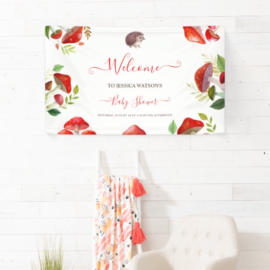 Paddestoel Rode Waterverf Bos Rustiek Baby shower Spandoek (Insitu)