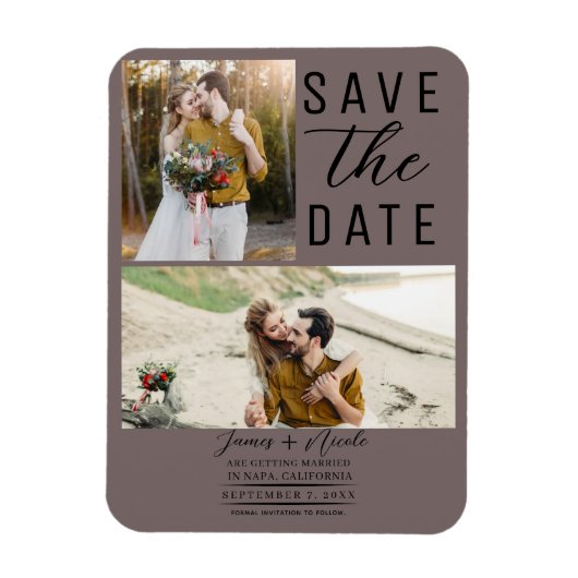 Paddestoel Taupe 2 foto's Save the Date Bruiloft Magneet (Verticaal)