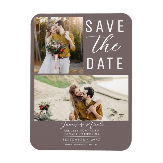 Paddestoel Taupe 2 foto's Save the Date Bruiloft Magneet (Verticaal)