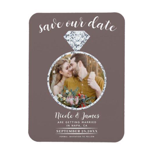 Paddestoel Taupe Diamond Ring Bling Save the Date Magneet (Verticaal)
