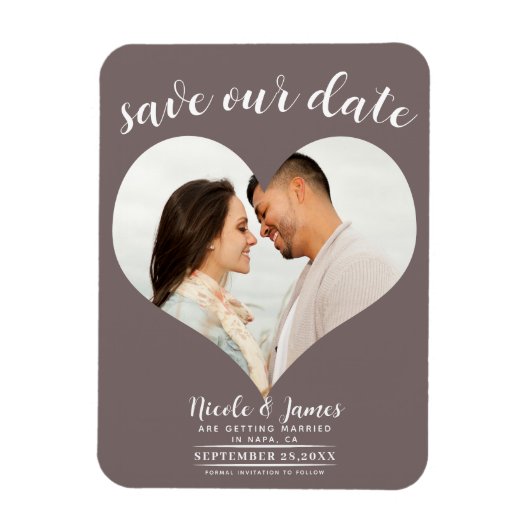 Paddestoel Taupe Hart Foto Bruiloft Save the Date Magneet (Verticaal)