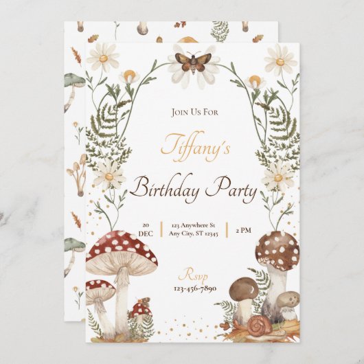 Paddestoel Verjaardag Uitnodiging (Voorkant / Achterkant)