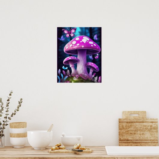 Paddestoel vlinder betoverde bos PAARSE KLEUR Poster (Keuken)