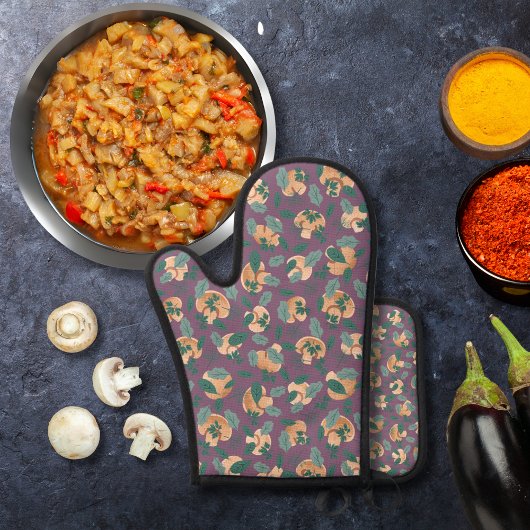 Paddestoelen en bladgroenten paarse ovenwant & pannenlap set