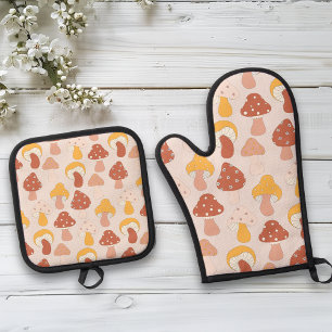 Paddestoelpatroon retro ovenwant & pannenlap set