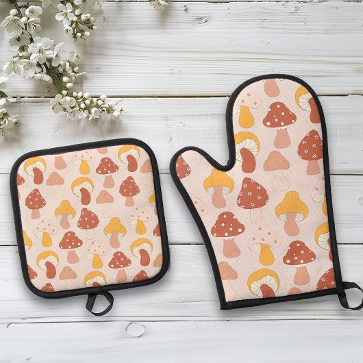 Paddestoelpatroon retro ovenwant & pannenlap set