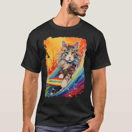 Paddle Board Pop Art Maine Coon Surfing Cat T-shirt (Voorkant)