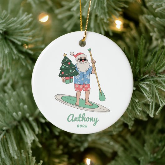 Paddle Board Santa Christmas Keramisch Ornament (Boom)