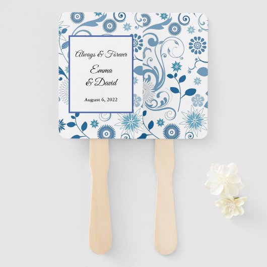 Paddle Fan-Blue Floral Hand Fan Handwaaier (Voorkant en achterkant)
