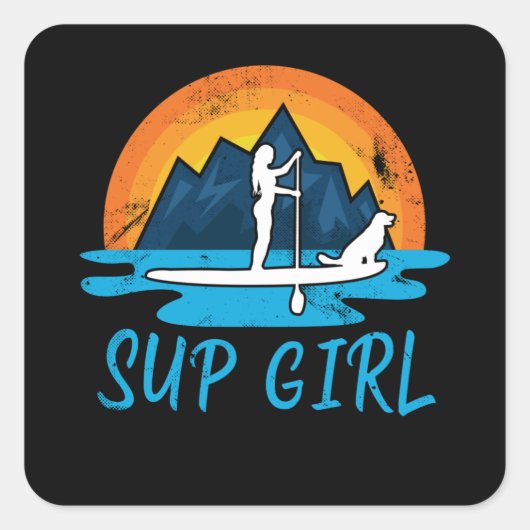 Paddleboarding Sup Girl Dog Retro Gift Vierkante Sticker (Voorkant)