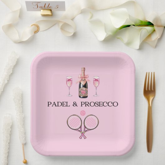 PADEL PLATE: PADEL & PROSECCO CLASSIC PINK/BLACK PAPIEREN BORDJE (Huwelijk)