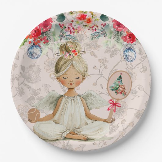 Padel Themed Paper Plates – Christmas Angel Motif Papieren Bordje (Voorkant)