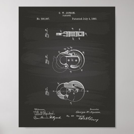 Padlock 1893 Patent Art Chalkboard Poster (Voorkant)