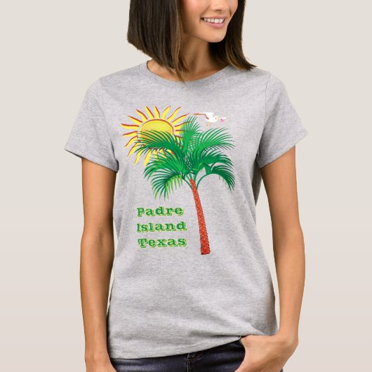 Padre Island Texas Palm Tree, Zeemeeuw en Zon T-shirt (Voorkant)