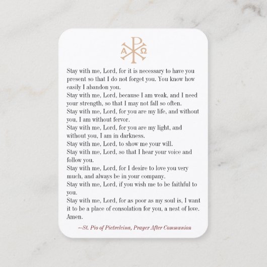 Padre Pio Prayer na de communiqué-prentenkaart Visitekaartje (Achterkant)