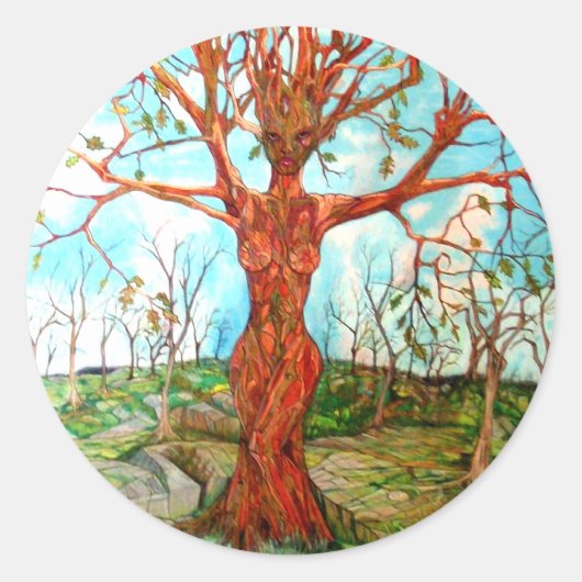 Pagan Dryad Tree Goddess Wiccan Natuur Art Ronde Sticker (Voorkant)