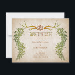 Pagan Handfasting Wedding Save The Date<br><div class="desc">Voor uw rituele handvasten diep in het bos, zijn deze uitnodigingen vol met heidense elegantie. De coördinerende stukken van deze gewei bruiloft uitnodiging suite zijn voorzien van geweien en een keltische knoop met gedrapeerd gebladerte en runen tekst op een perkament achtergrond. Perfect voor uw handfasting ceremonie of bohemian bos bruiloft....</div>
