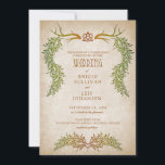Pagan Keltische herfst gebladerte bruiloft Kaart<br><div class="desc">Voor je rituele handfasting diep in het bos, zijn deze uitnodigingen verpakt met paganegans. De coördinerende stukken van deze antiler trouwuitnodigingssuite bieden geweiers en een Keltische knoop met afgevlekte bladeren en runische tekst op een parchyachtergrond. Parfet voor je handfastceremonie of bohemische bruiloft. *** Behoefte om tekst te herschikken of tekststijlen...</div>