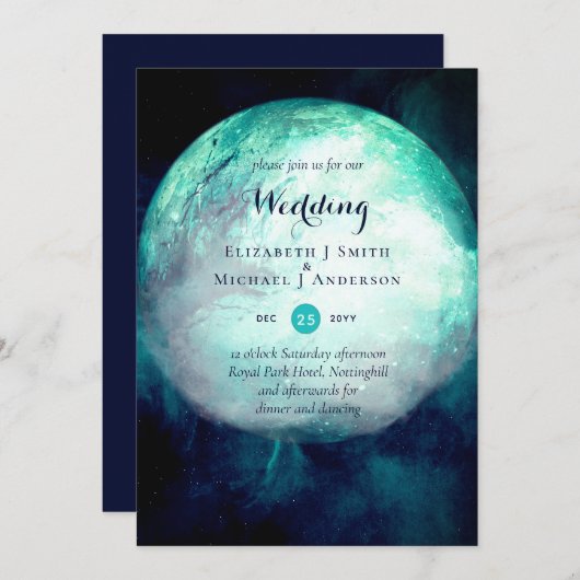 Pagan Teal Moon Gothic Trouw Uitnodiging (Voorkant / Achterkant)