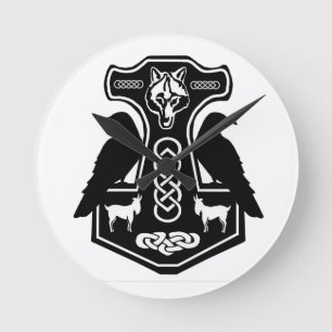 Pagan Thor's Hammer met Ravens Clock Ronde Klok