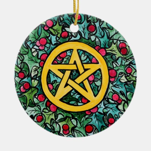 Pagan Yule Pentagram Keramisch Ornament (Voorkant)