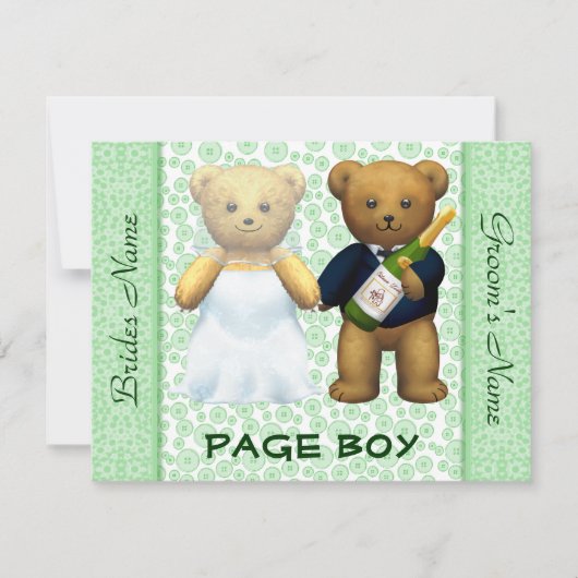 Page Boy - Teddy Bears Apple Green Wedding Invite Kaart (Voorkant)