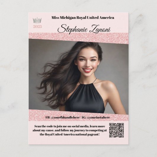 Pageant Promo Handtekeningkaart | QR Code Briefkaart (Voorkant)