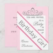 Pageant Sash & Tiara Birthday Party Uitnodiging (Voorkant / Achterkant)