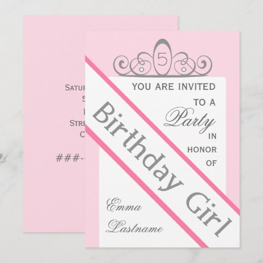 Pageant Sash & Tiara Birthday Party Uitnodiging (Voorkant / Achterkant)