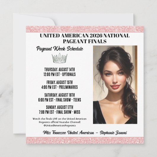 Pageant Schedule Invitation - Rose Gold Glitz Aankondiging (Voorkant)