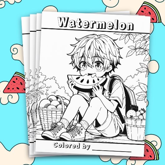 Pagina Kleur mij | Anime Boy eet watermeloen Flyer