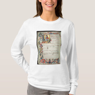 Pagina met een muzieknotatie met een historiek t-shirt