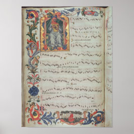 Pagina met muzieknotatie met historiek poster