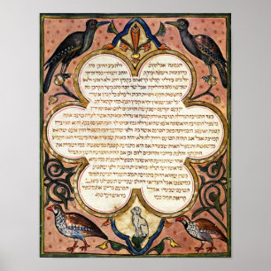 Pagina van een Hebreeuwse Bijbel met vogels, 1299 Poster