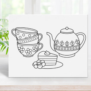 Pagina voor theepot, theekopjes en Cake Coloring Poster