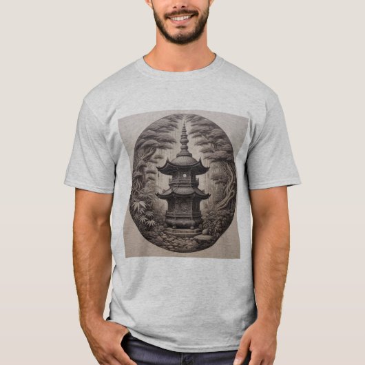 Pagoda Asiática en Bosque Tropical en Ilustración  T-shirt (Voorkant)
