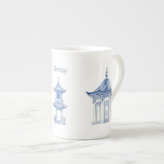Pagoda Chinoiserie Blauwe en Witte Koffie Mok (Voorkant rechts)