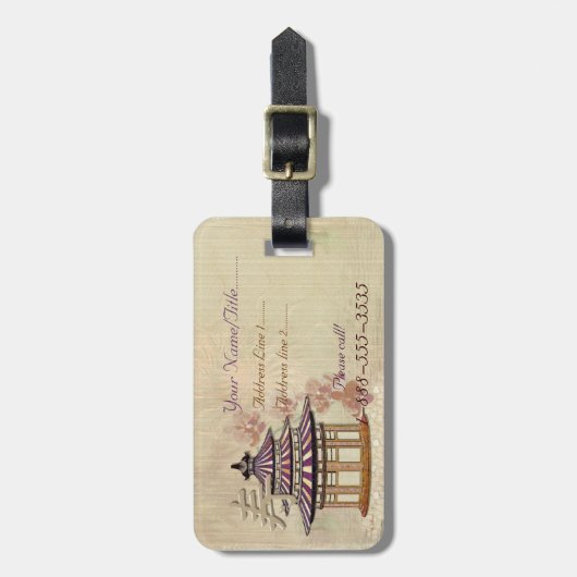 Pagoda Roos Mixed Media Oriëntaals Bagagelabel (Voorkant verticaal)