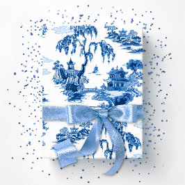 Pagoda Tuin in Blauwe Porselein Cadeaupapier