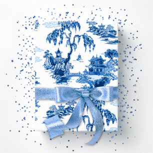 Pagoda Tuin in Blauwe Porselein Cadeaupapier