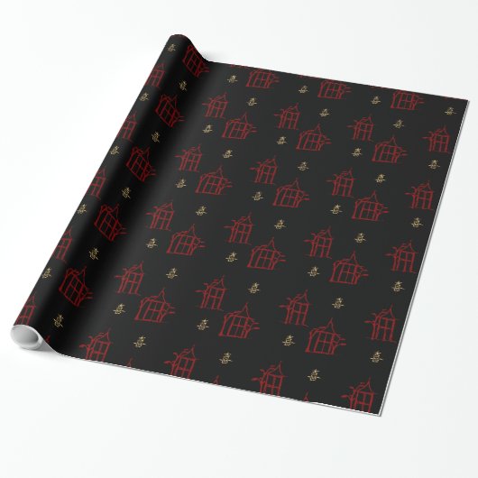 Pagodas Chinoiserie Gift Wrap Rode & Gold Happines Cadeaupapier (Uitgerold)