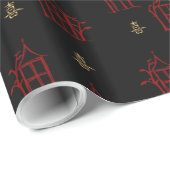 Pagodas Chinoiserie Gift Wrap Rode & Gold Happines Cadeaupapier (Rol Hoek)