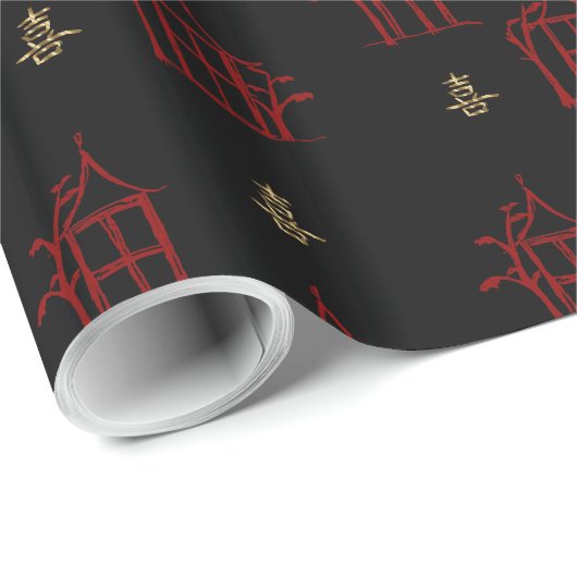 Pagodas Chinoiserie Gift Wrap Rode & Gold Happines Cadeaupapier (Rol Hoek)