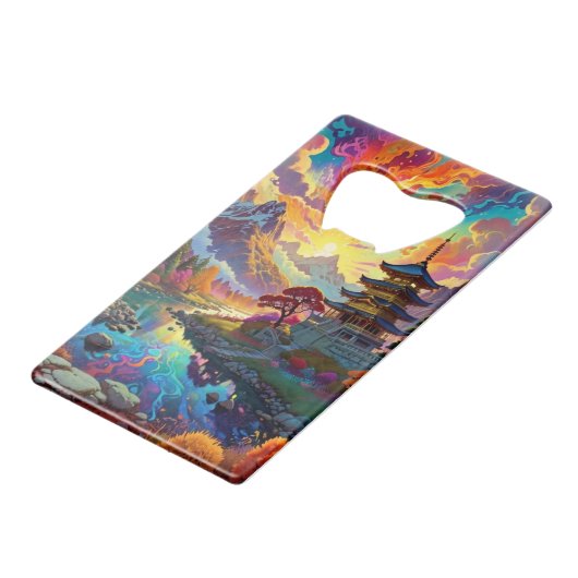 Pagode en gekleurd landschap creditkaart flessenopener (Voorkant Gekanteld)