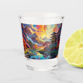 Pagode en gekleurd landschap geschoten glas